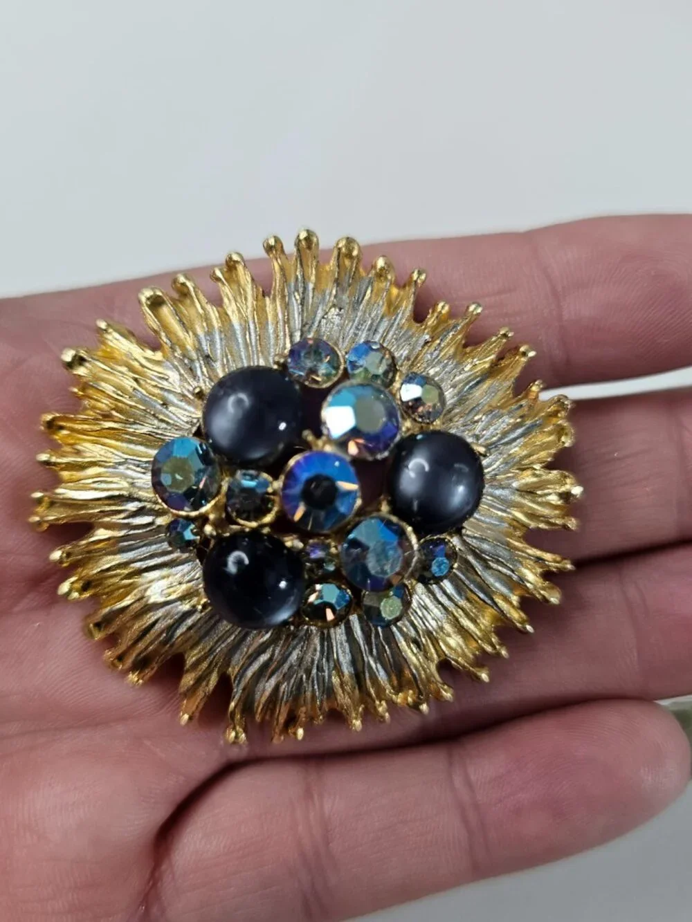 Gold Silver Tone Dome Starburst Brooch Flower Cluster AB Gray Cat Eye Unmarked